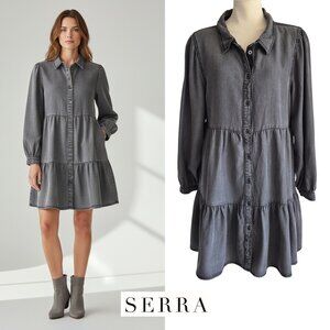 Serra Lightweight Gray Chambray Ruffle Button Up Tiered Soft Drape Cowgirl L